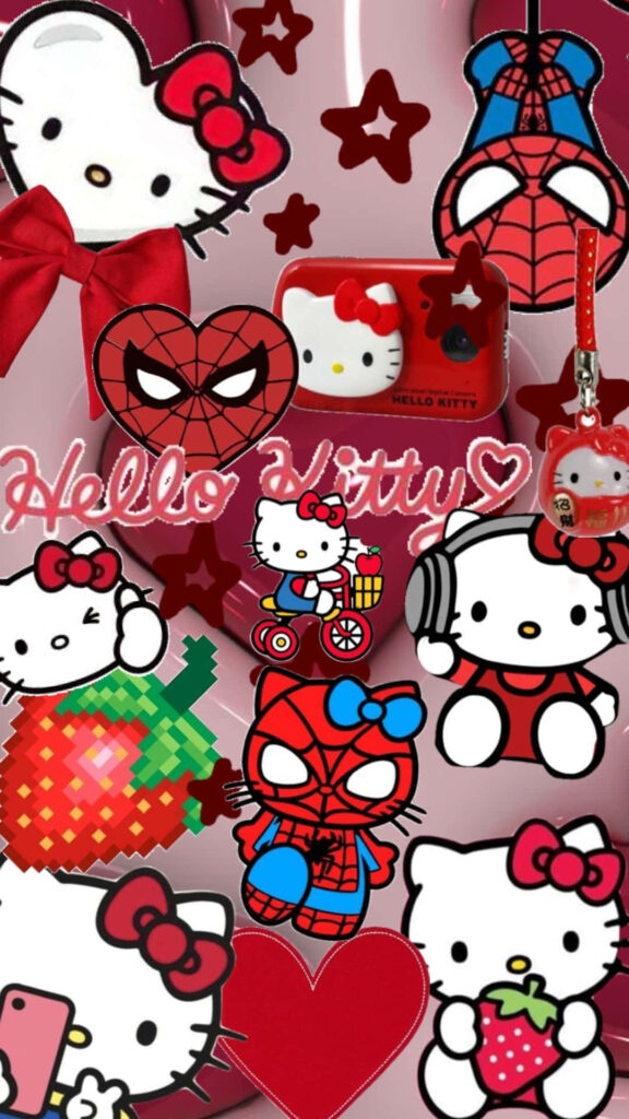 Colorful Hello Kitty & Spiderman Collage Wallpaper – Fun Background