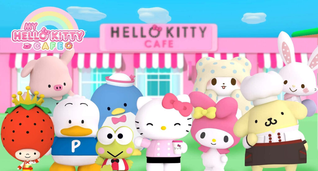 Cheerful Hello Kitty Café Wallpaper with Friends in Vibrant Colors