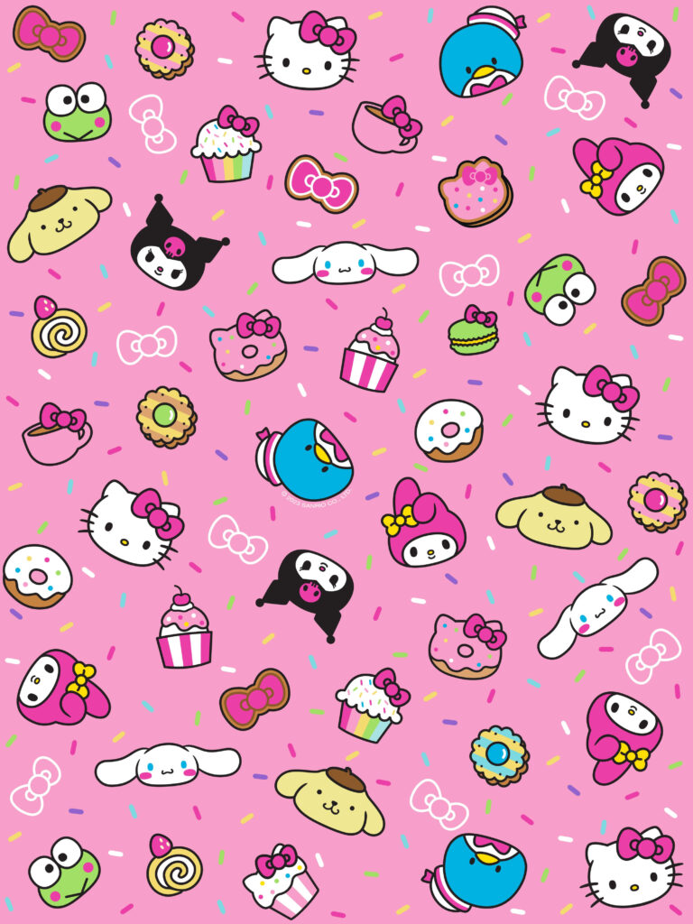 Vibrant Hello Kitty Wallpaper with Colorful Cupcakes & Bows