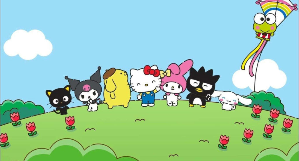 Cheerful Hello Kitty Wallpaper: Friends on a Colorful Hill