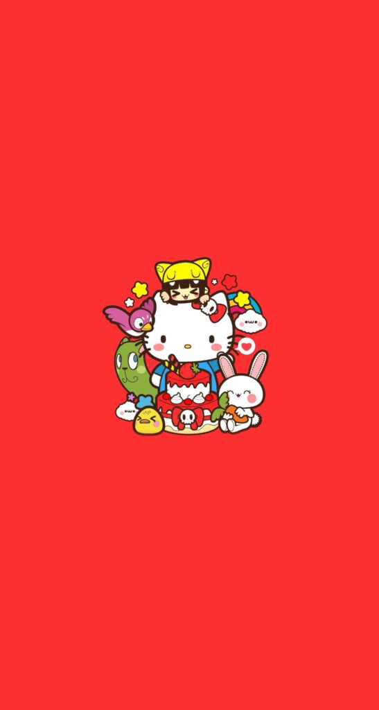 Hello Kitty Wallpaper: Vibrant Red Background with Playful Friends