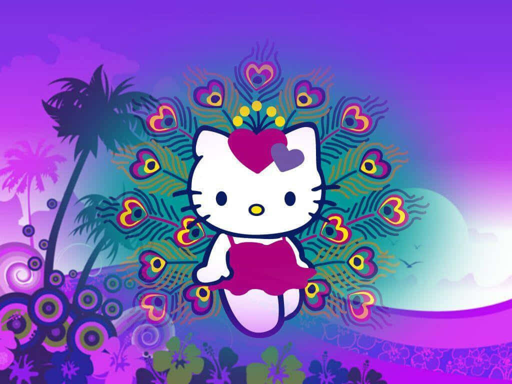 Hello Kitty Tropical Wallpaper with Colorful Peacock Patterns