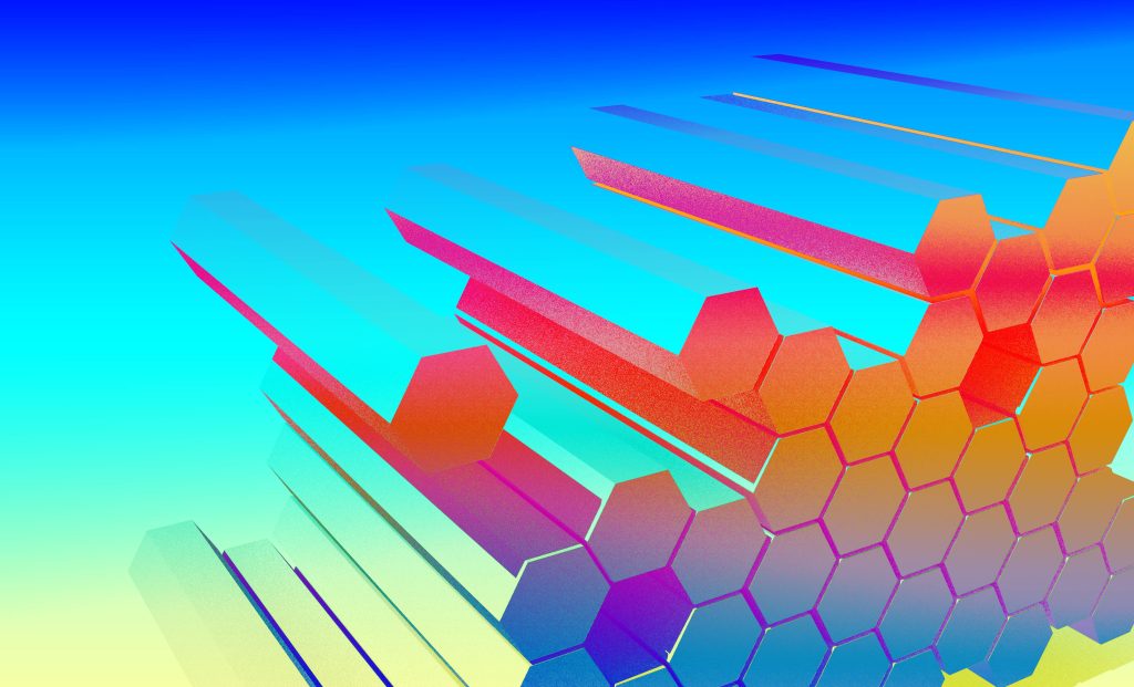 Vibrant 3D hexagonal prisms with colorful gradient on cyan to yellow geometric wallpaper background
