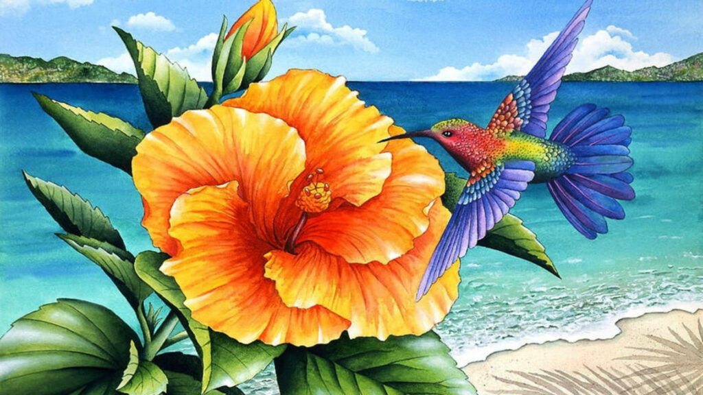 Vibrant Hibiscus and Hummingbird Wallpaper: Coastal Beauty Background