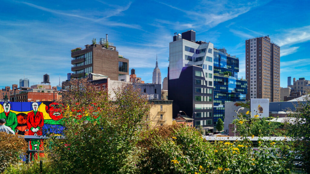 Colorful High Line Mural: Urban Art Amidst Greenery & Modern Design Wallpaper
