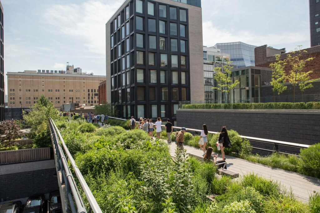 Vibrant High Line Park Wallpaper: Tourists, Greenery & Modern Views