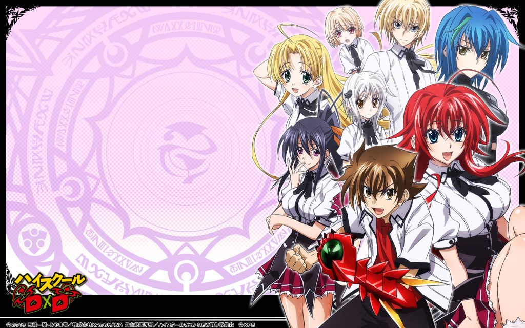 High School DxD wallpaper with Issei Hyoudou Boosted Gear and Occult Club girls pink background