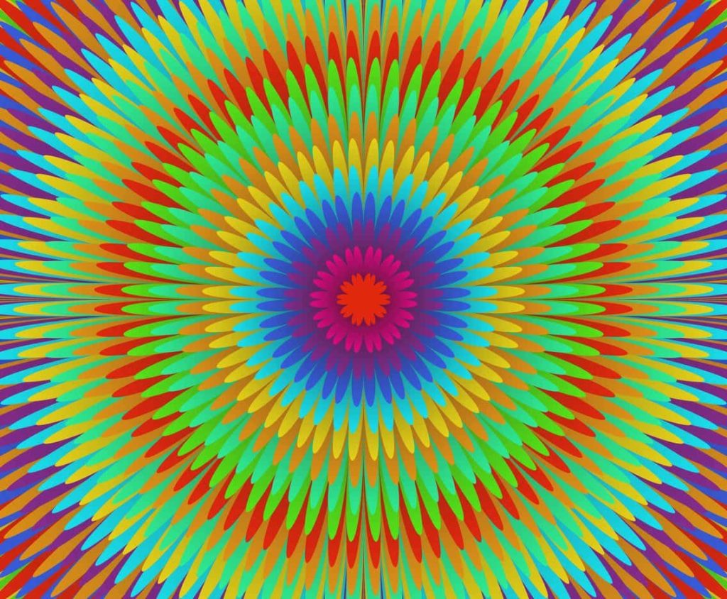 Vibrant hippie digital art wallpaper with symmetrical rainbow mandala and psychedelic starburst design