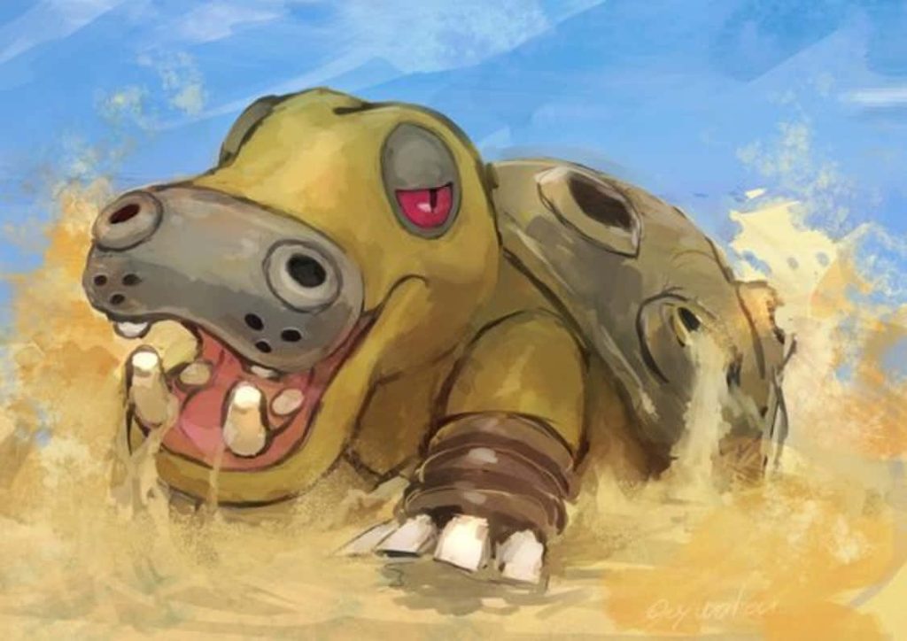 Vibrant painterly Hippowdon Ground-type Pokémon emerging from desert sand with blue sky wallpaper