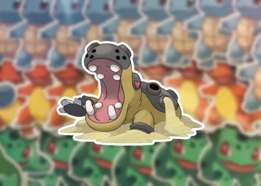 Vibrant Hippowdon digital wallpaper with open mouth and cascading sand background pattern