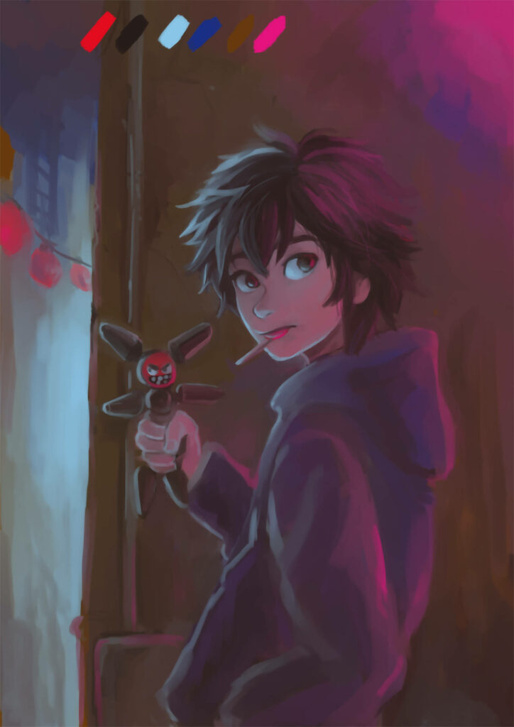 Vibrant Hiro Hamada Wallpaper: Neon Lights & Megabot Scene