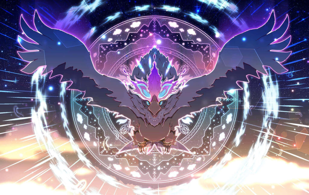 Vibrant Hisuian Braviary with glowing wings and magical seal in neon purple blue fantasy wallpaper