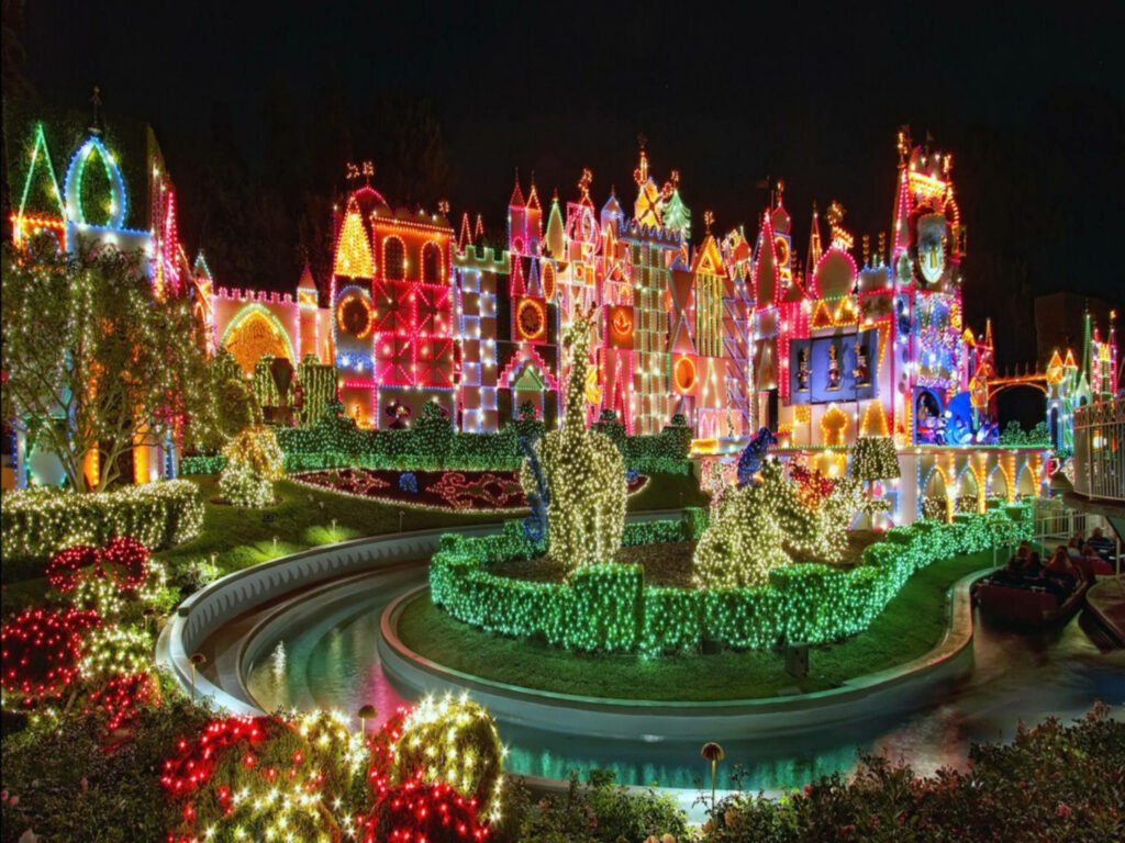 Enchanting Holiday Wallpaper: Bright Lights & Festive Nighttime Display