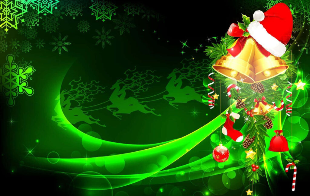 Vibrant Christmas Wallpaper with Bells, Santa Hat & Snowflakes