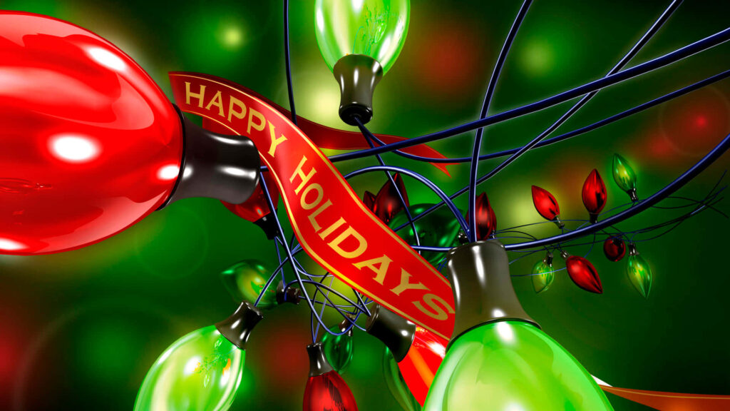 Vibrant Holiday Wallpaper with Glowing Lights & Cheerful Ribbon