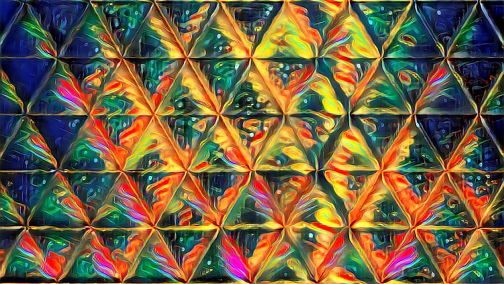 Vibrant holographic wallpaper with hypnotic geometric triangular facets and swirling colors background
