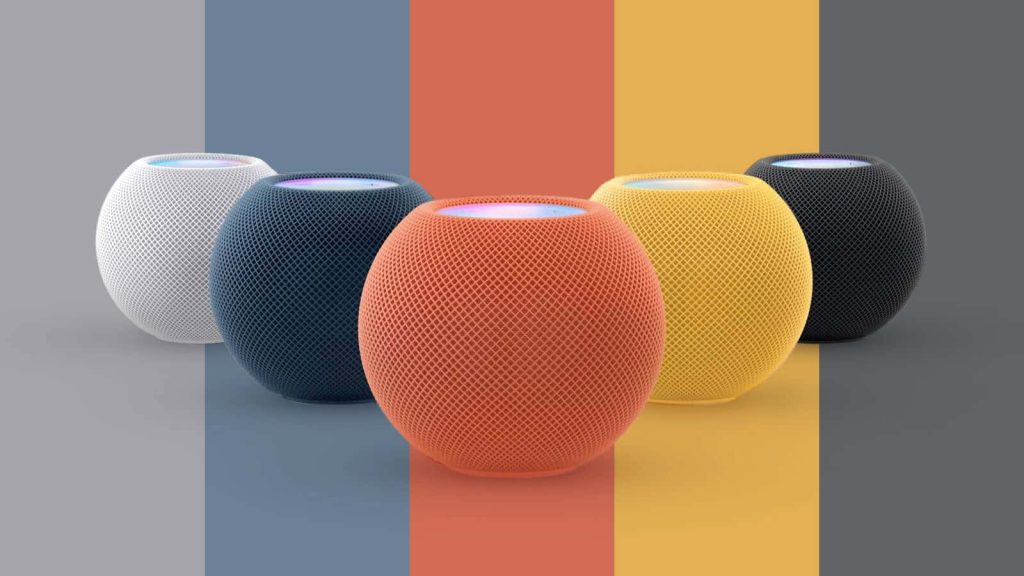 Colorful HomePod mini speakers in white blue orange yellow space gray on matching backgrounds Wallpaper