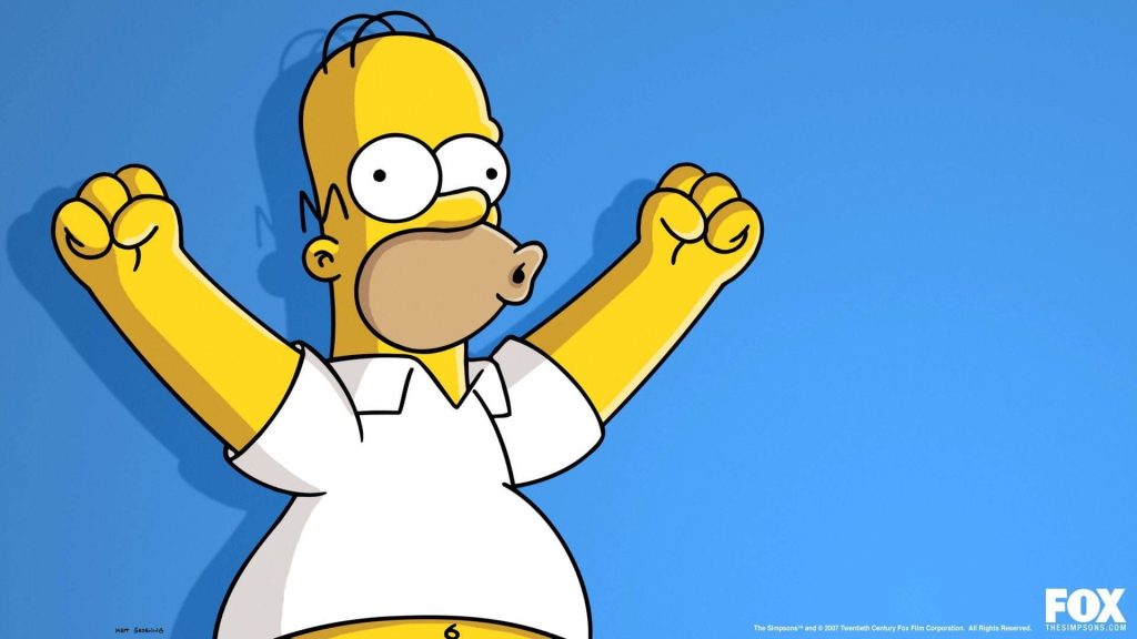Homer Simpson vibrant 2D animation wallpaper with raised arms on solid blue background