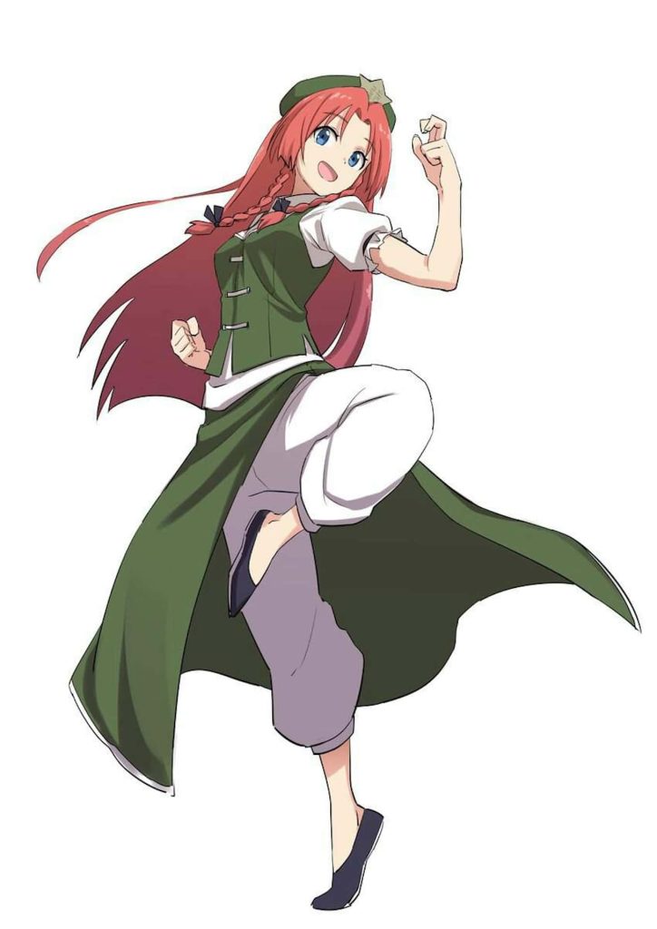 Vibrant anime illustration of Hong Meiling from Touhou Project in green martial arts pose Wallpaper