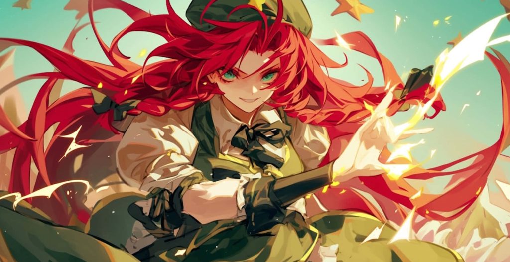Hong Meiling Touhou anime wallpaper bright magical energy starry background digital art pose