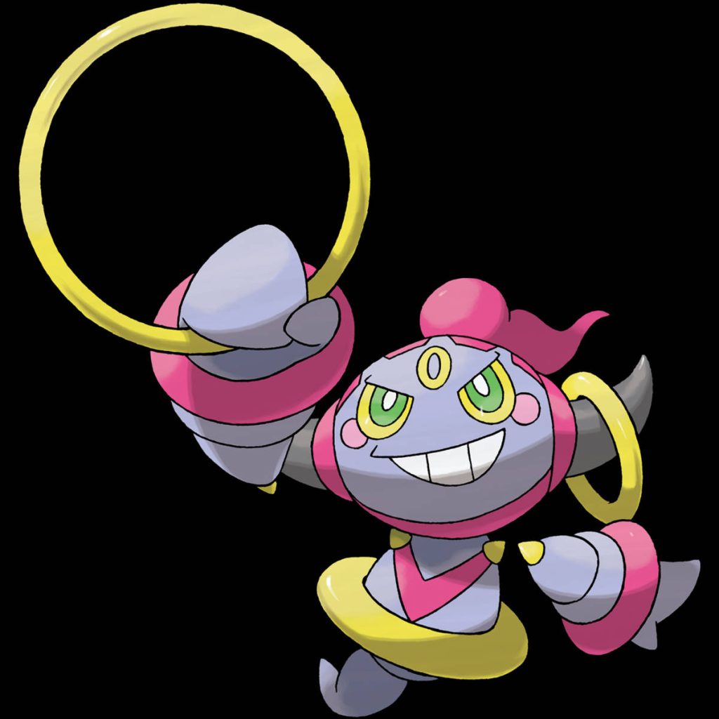 Hoopa Confined Mythical Pokémon wallpaper vibrant gold rings pink accents playful grin artwork