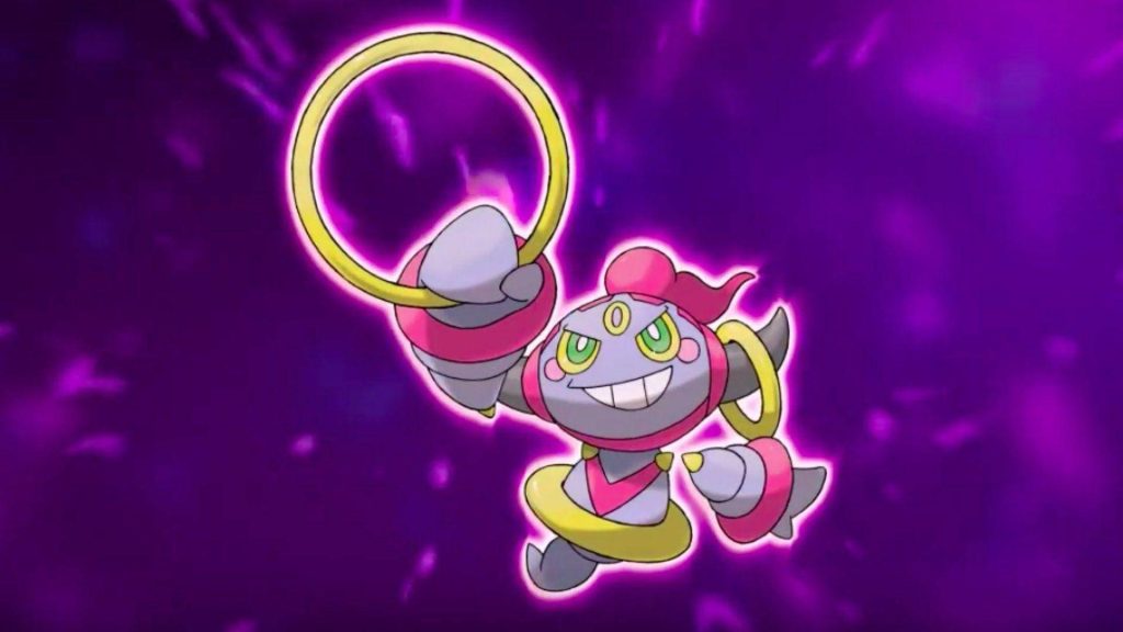 Hoopa Confined Mythical Pokémon anime wallpaper vibrant purple glowing background desktop art