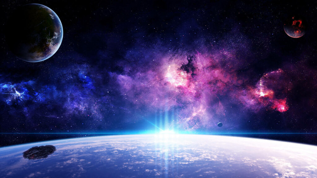 Vibrant Interstellar Vista: Mesmerizing Electric Blue Radiance Embracing Cosmic Landscape – Captivating Desktop Wallpaper