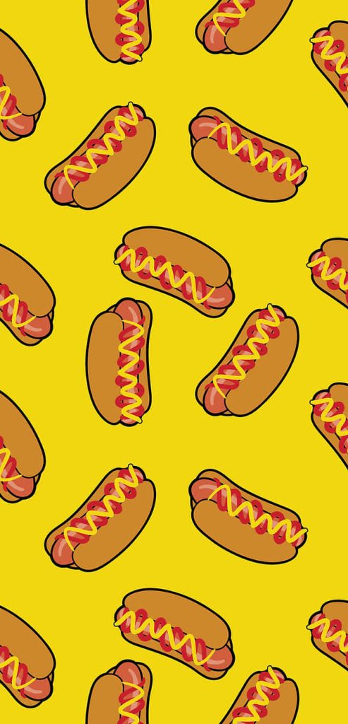 Playful cartoon hot dog pattern with mustard on bright yellow background wallpaper design