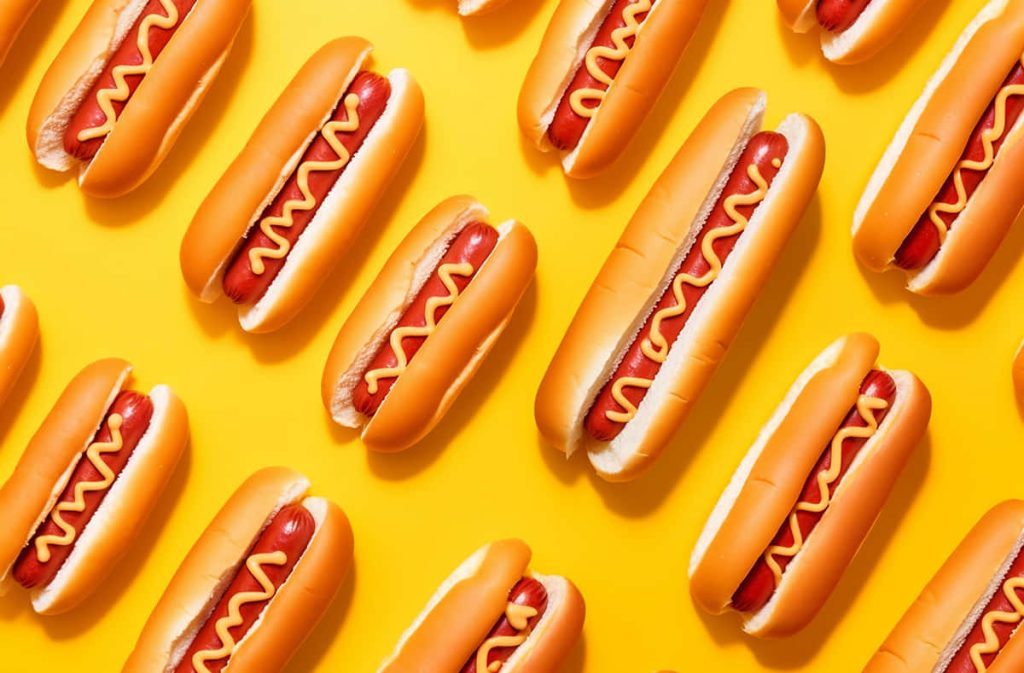 Vibrant hot dog wallpaper with mustard on buns over bright yellow background fun digital design