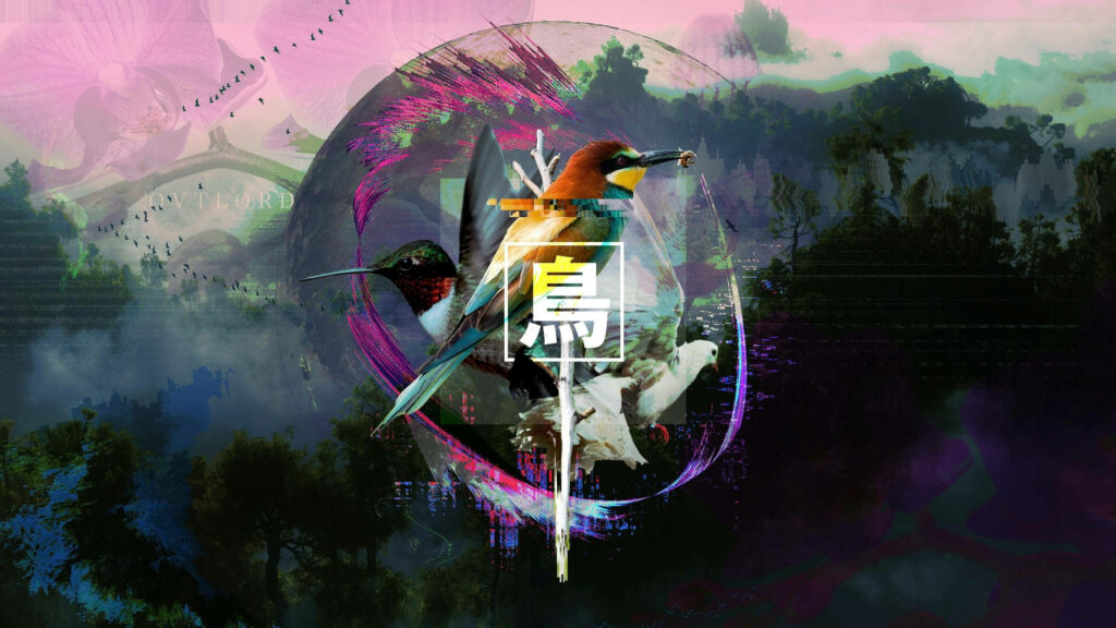 Vibrant Hummingbird Digital Wallpaper: Nature Meets Abstract Art