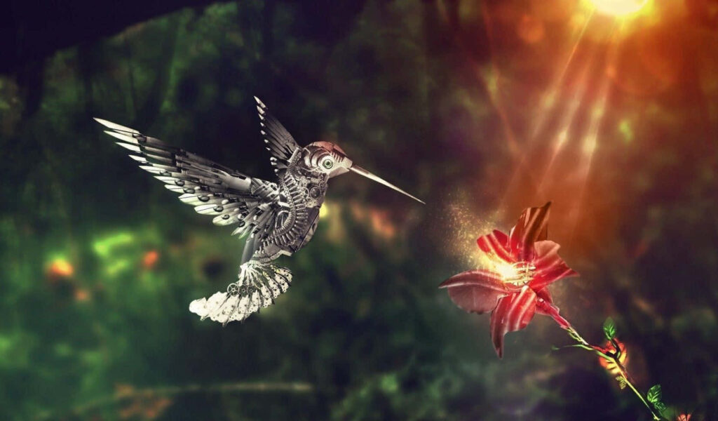 Vibrant Hummingbird Hovering Amidst Lush Green Foliage & Sunlit Flower Wallpaper