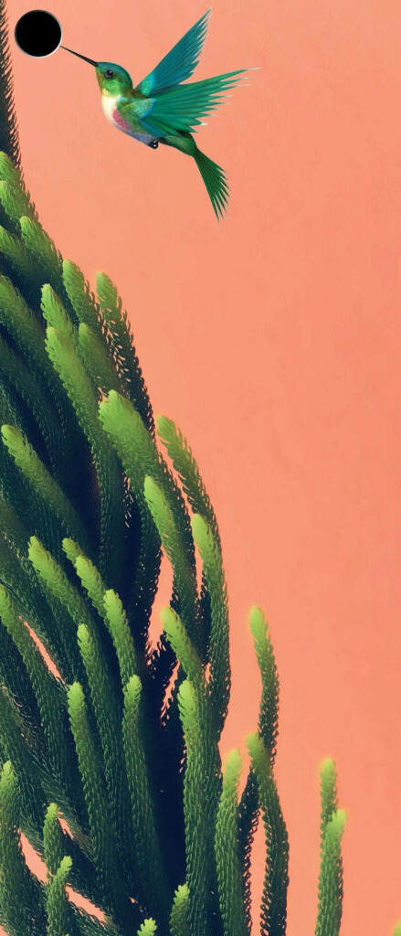 Vibrant Hummingbird Wallpaper: Lush Green & Peach Punch Hole Design