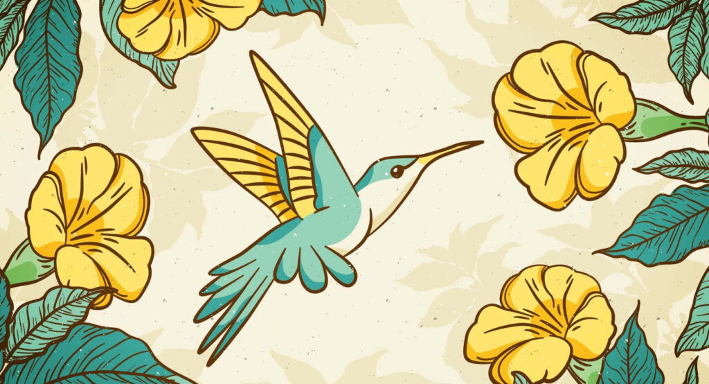 Vibrant Hummingbird Wallpaper with Yellow Flowers & Green Leaves