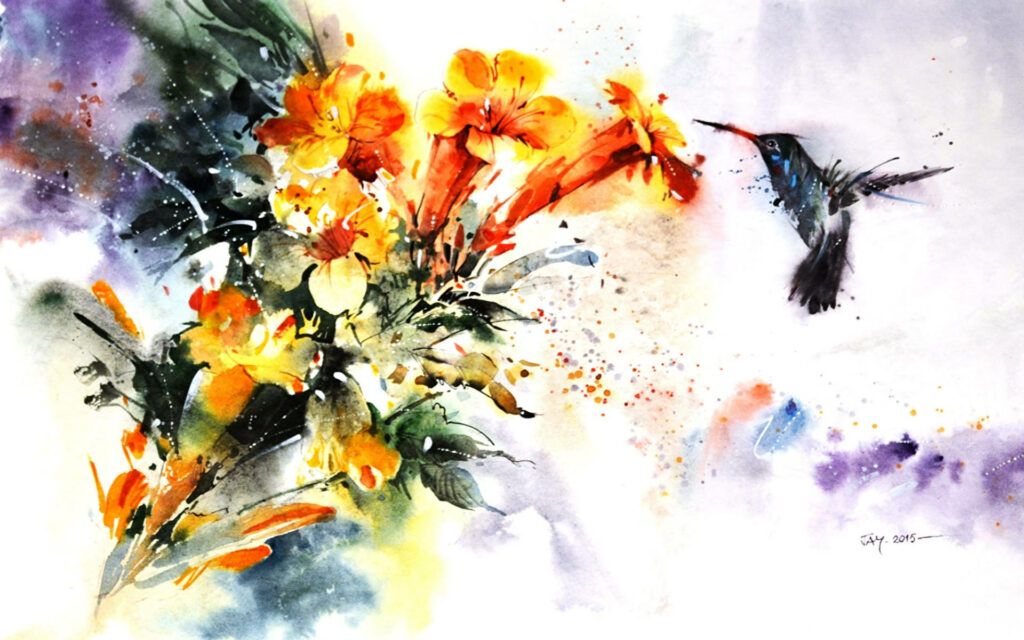 Vibrant Watercolor Hummingbird Wallpaper with Colorful Flowers