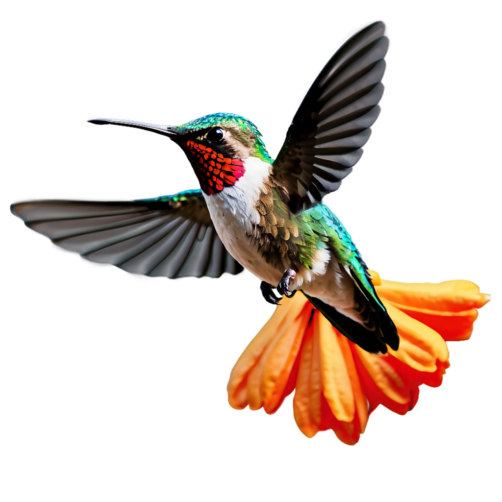 Vibrant Hummingbird in Flight with Iridescent Feathers and Orange Petals Wallpaper