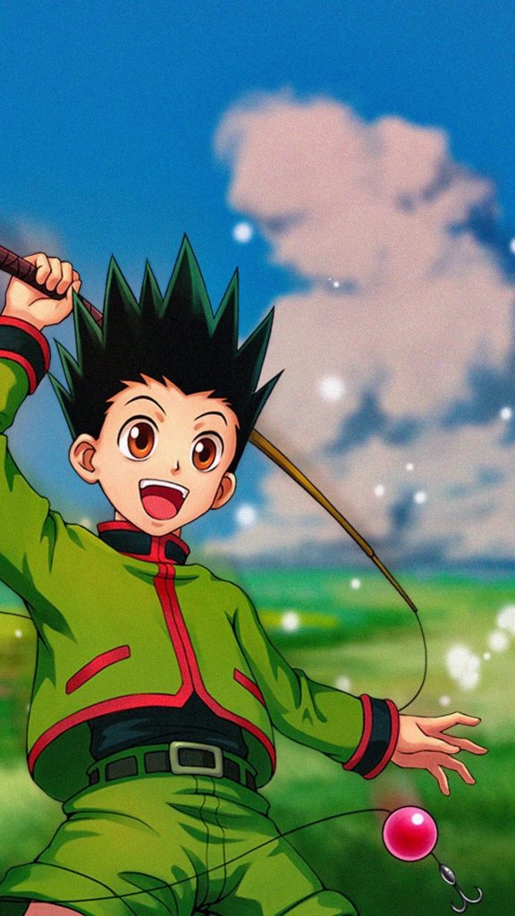 Hunter x Hunter phone wallpaper Gon Freecss smiling in green outfit with fishing rod outdoors