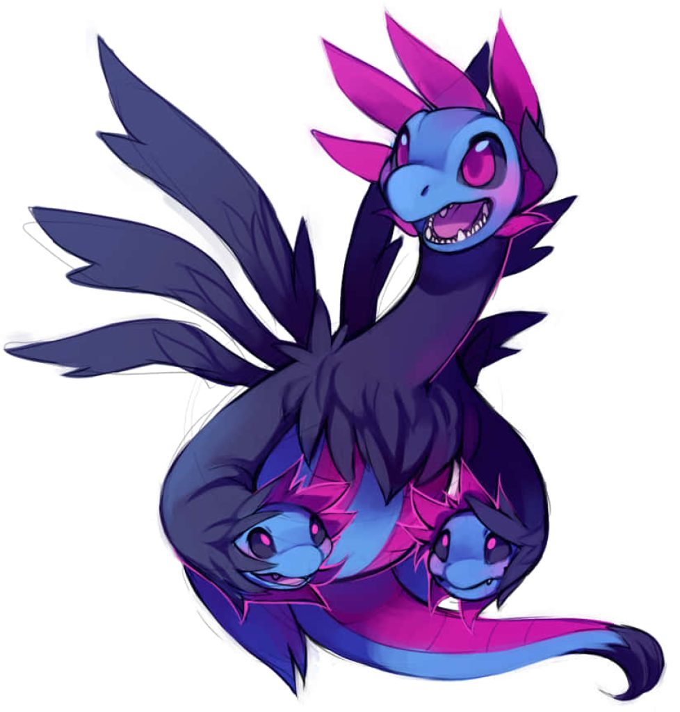 Vibrant digital art of Hydreigon with three heads in purple and magenta for Pokémon fans wallpaper