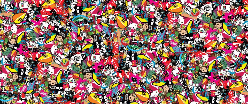 Vibrant Hypebeast sticker bomb wallpaper with colorful pop culture logos and anime graphics