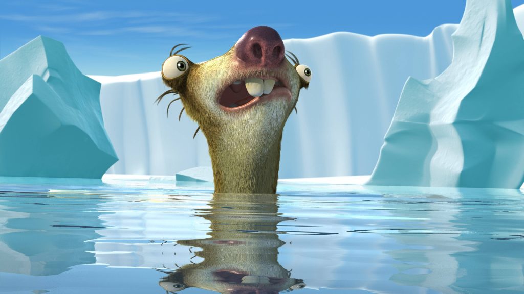 Sid the Sloth swimming in icy waters with glacial mountains Ice Age Collision Course wallpaper