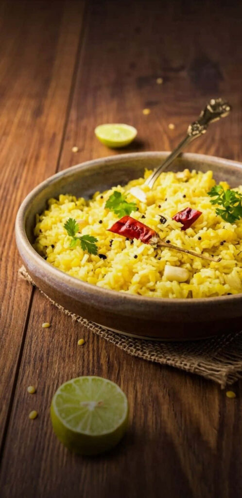 Vibrant Indian Cuisine: Steaming Yellow Rice & Fresh Garnishes Wallpaper
