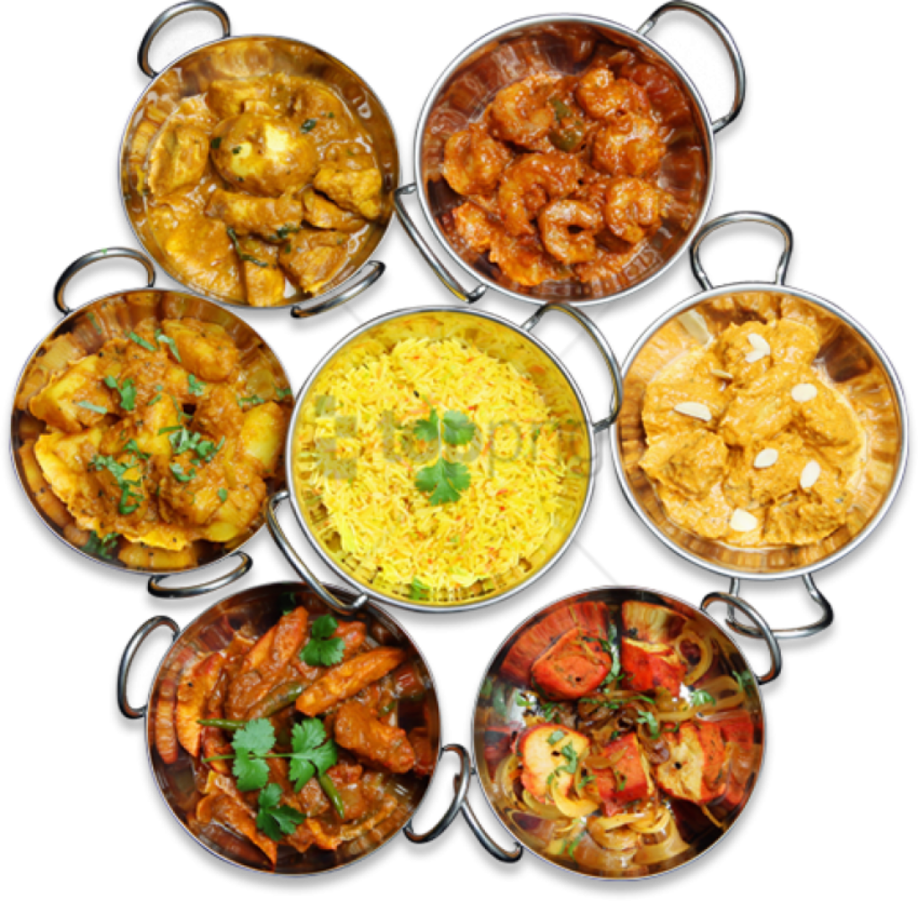 Colorful Indian Curries & Rice in Traditional Bowls - Wallpaper Background