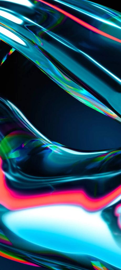 Infinix-style abstract wallpaper with glossy fluid shapes and vibrant neon blue cyan pink gradients