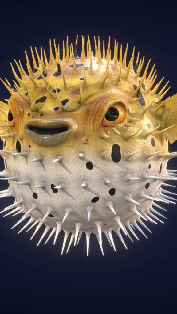 Vibrant inflated blowfish with spiky texture and expressive features on deep blue background Wallpaper
