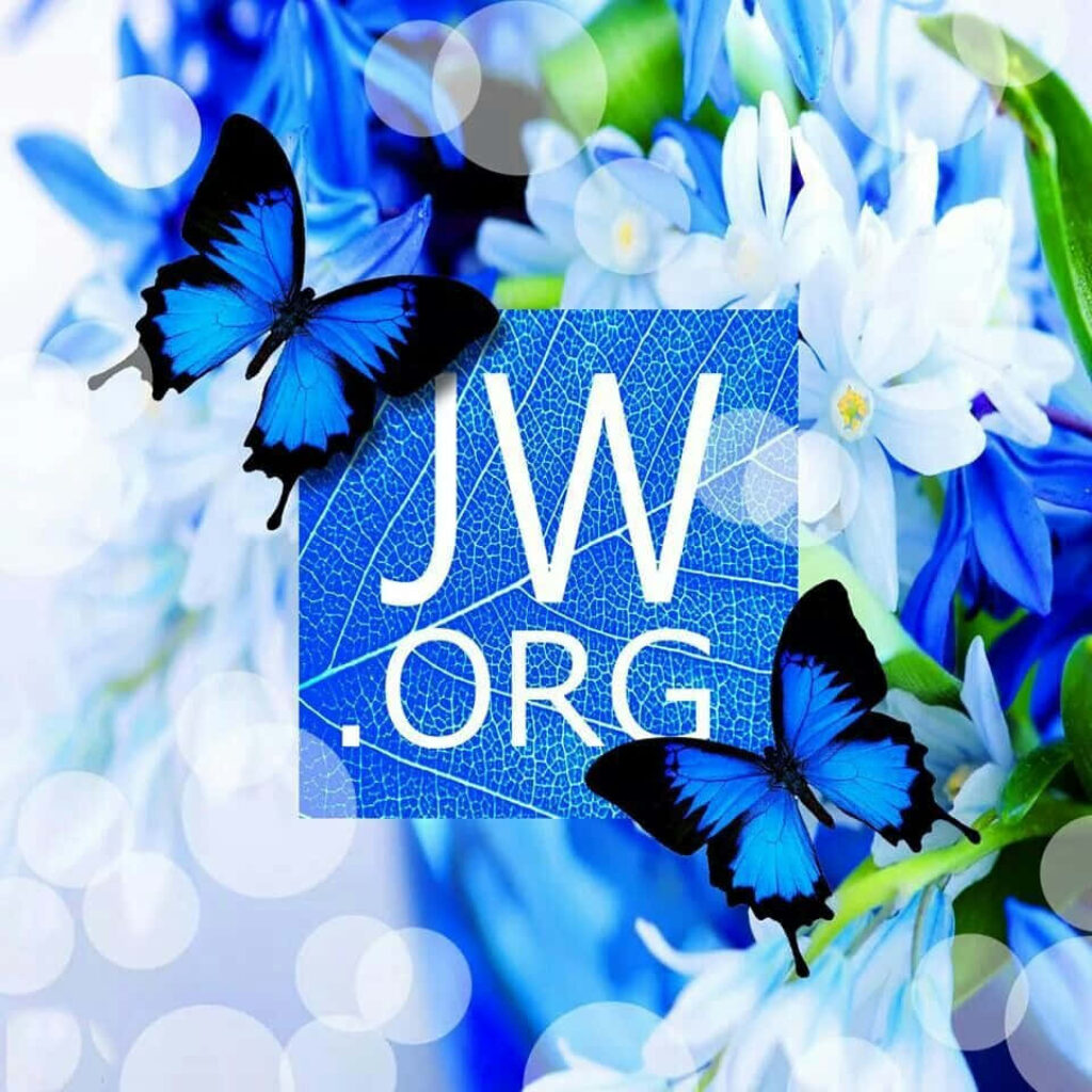 Stunning Blue Leaf Pattern Wallpaper with JW.org Logo & Butterflies