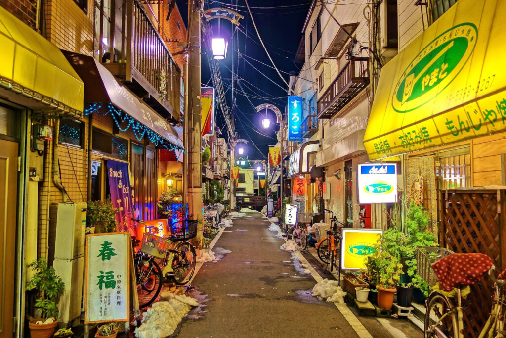 Vibrant Japanese Alley at Night – Colorful Wallpaper Background