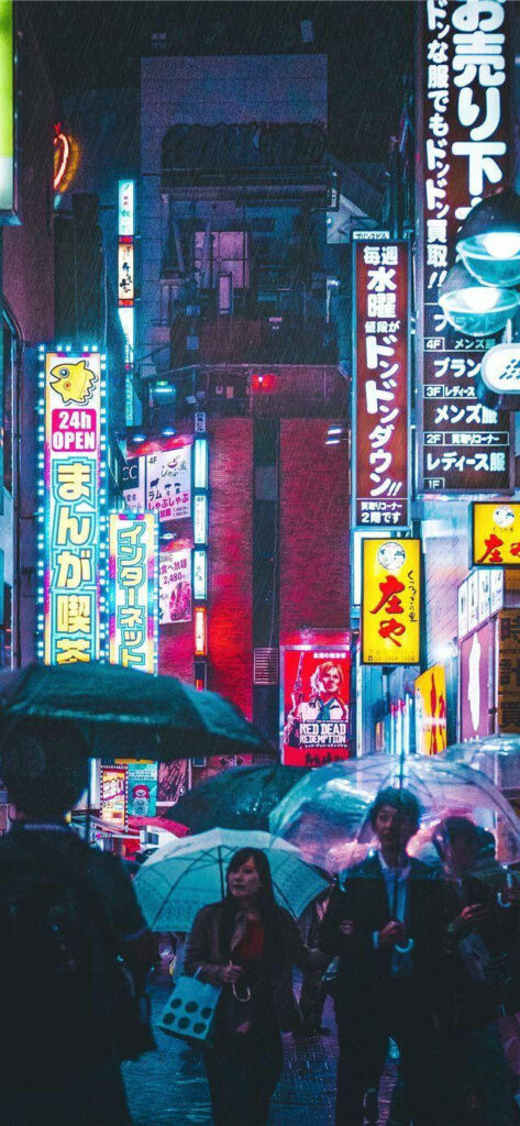 Vibrant Japanese Night Street Scene Wallpaper - Urban Neon Aesthetic