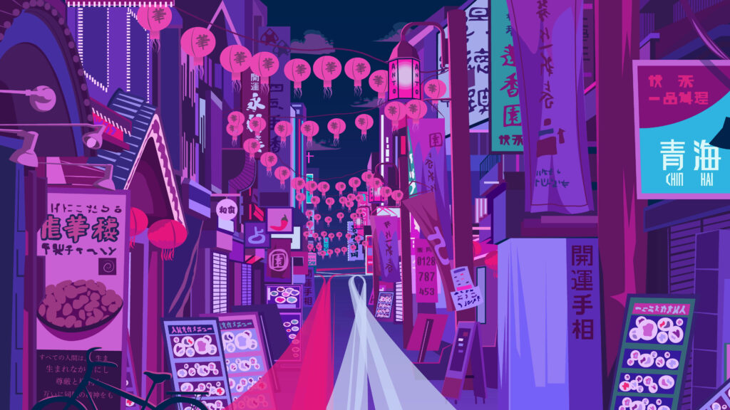 Vibrant Japanese Town: Purple Neon Lights & Lanterns - Tumblr Wallpaper