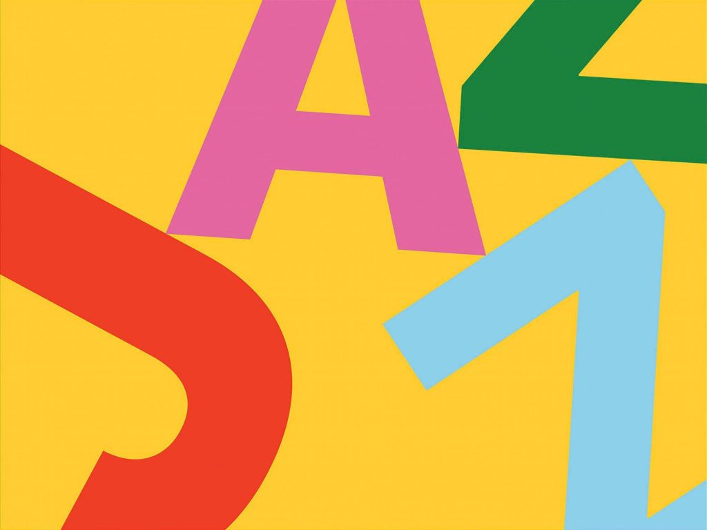 Vibrant Jazz word wallpaper with bold yellow background and colorful geometric typography design