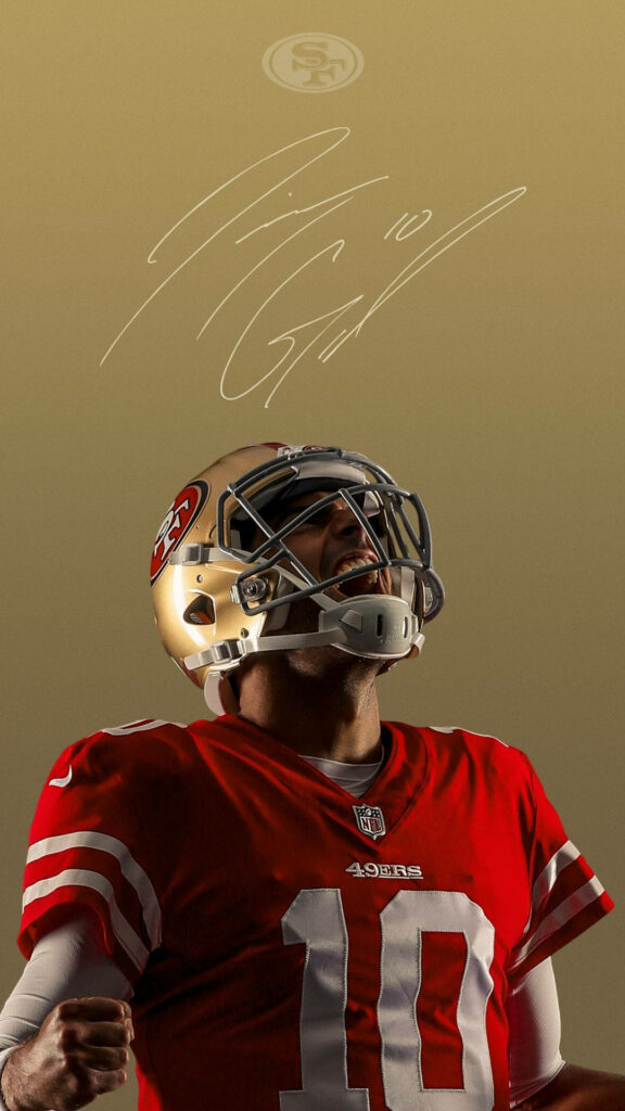 Vibrant Jimmy Garoppolo 49ers Wallpaper with Signature & Gold Background