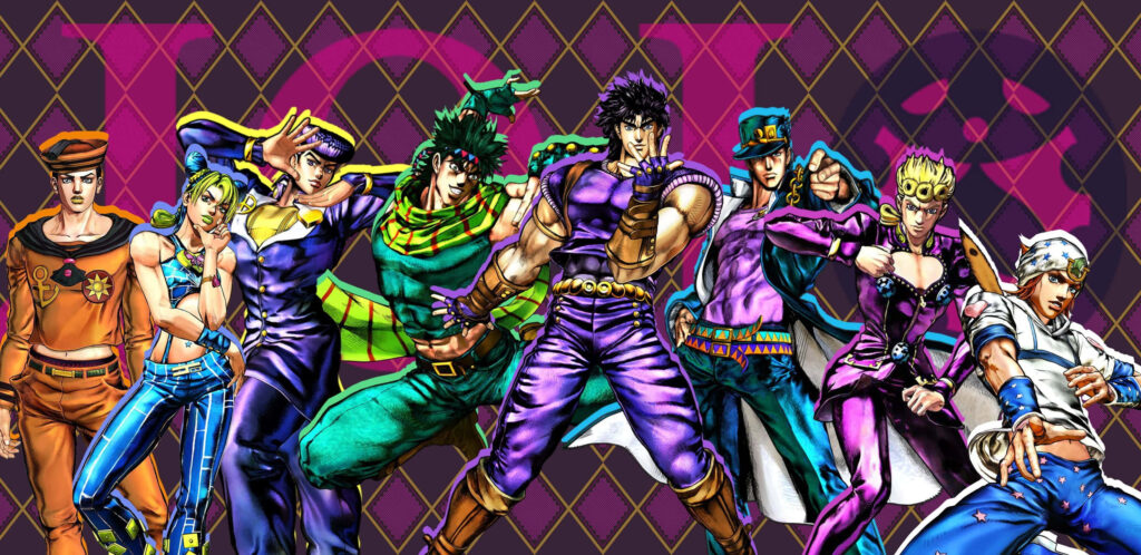 Battle Tendency wallpaper featuring Joestar and companions in dynamic heroic poses vibrant background